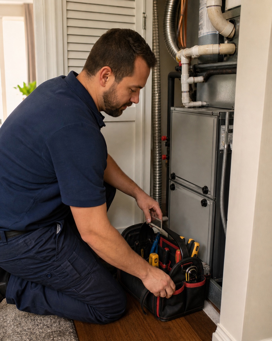 Representative image of a residential HVAC technician preparing for service