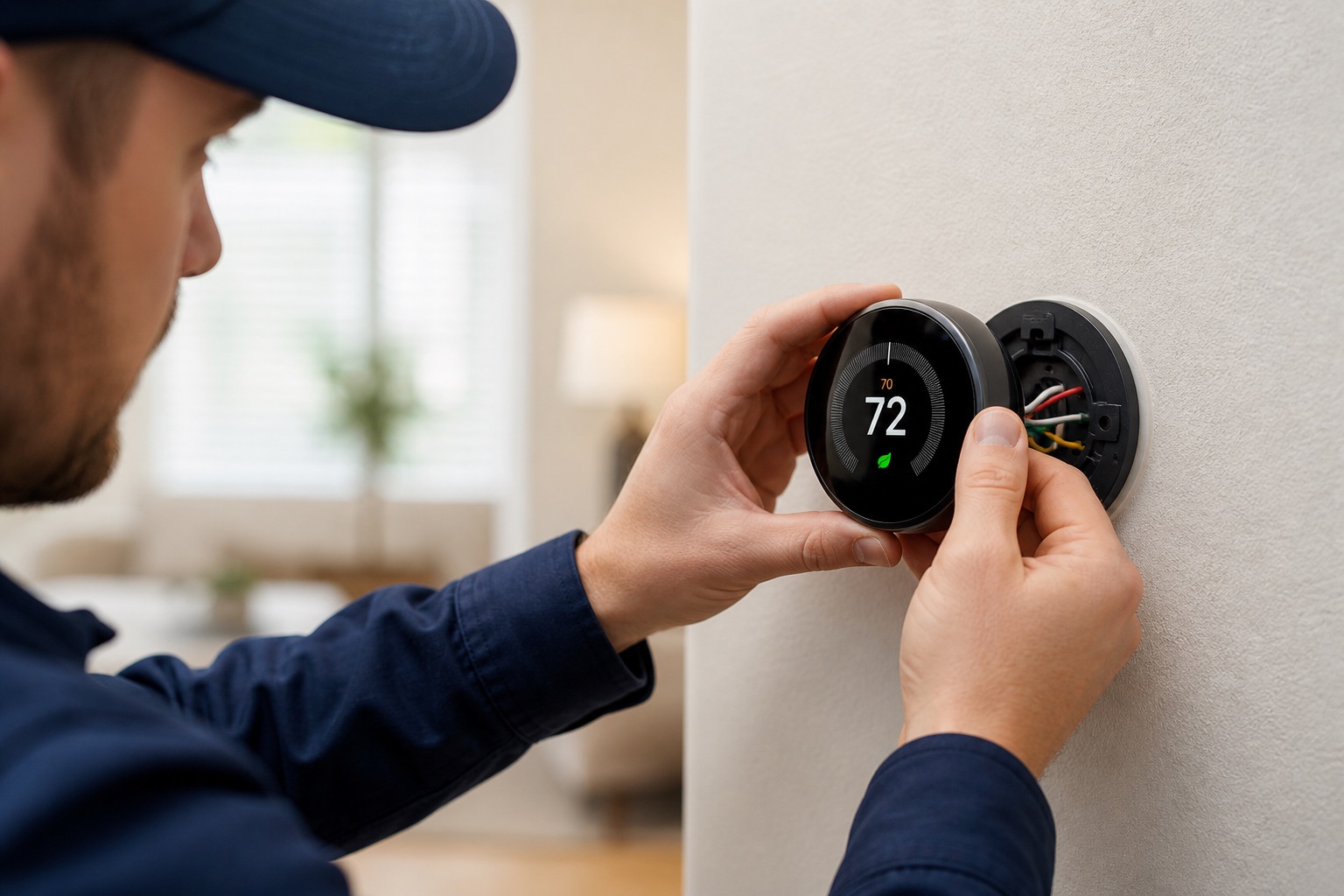 Technician installing a smart thermostat in a Lehi home